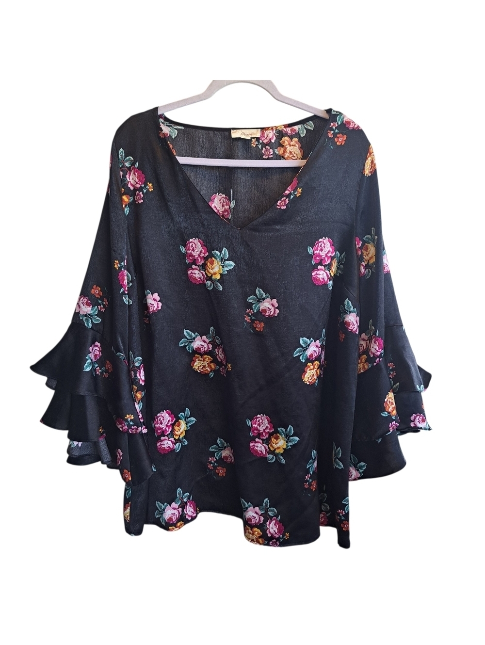 3X Black Floral Blouse Exaggerated Ruffle Sleeves Milkmaid Peasant Whimsigoth